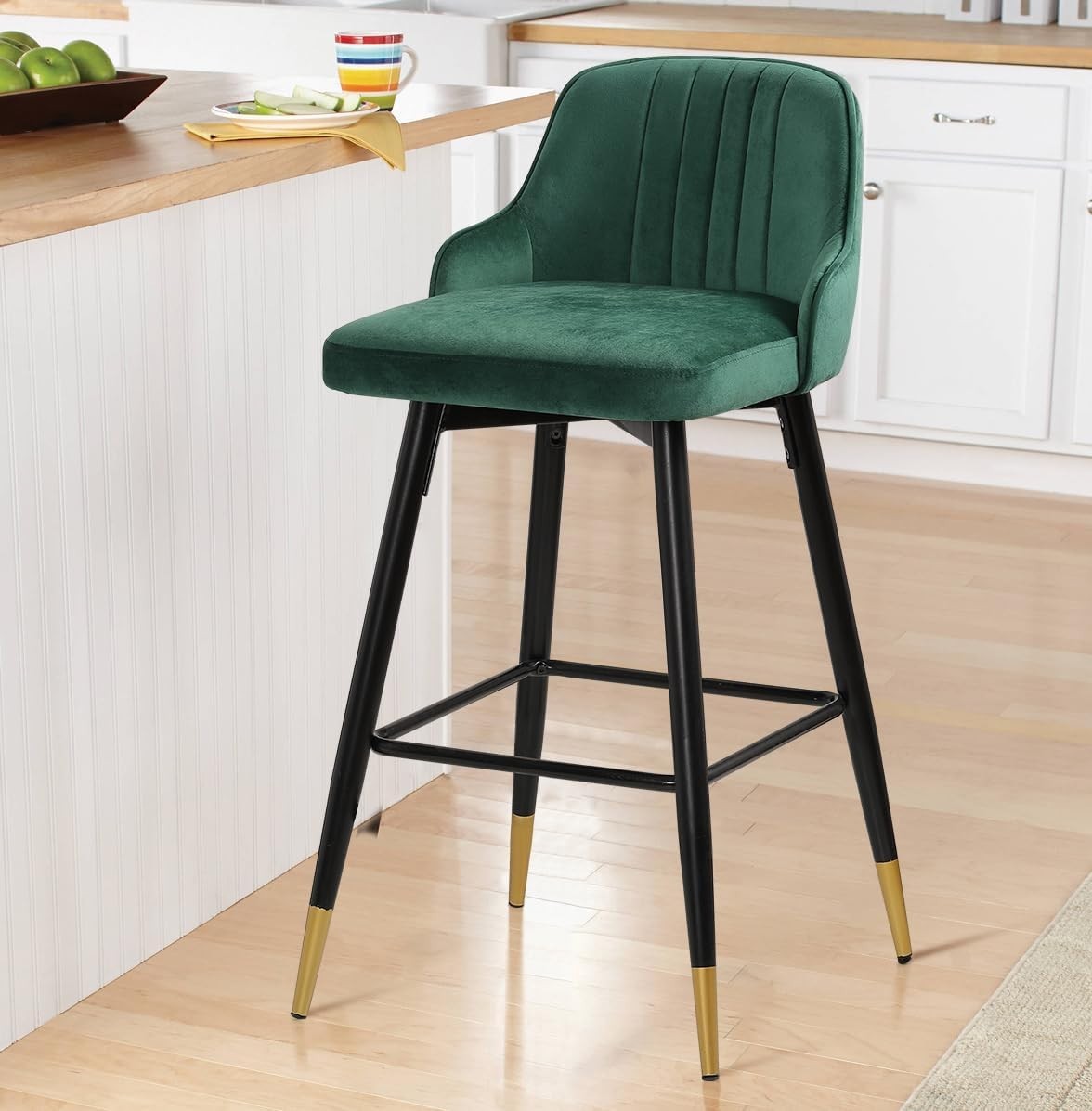 Green Velvet Swivel Bar Stools Set of 4 – Luxury Bar Height Chairs