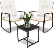 Rocking Rattan Bistro Set 3 Piece Patio Chairs Cushions Glass Table