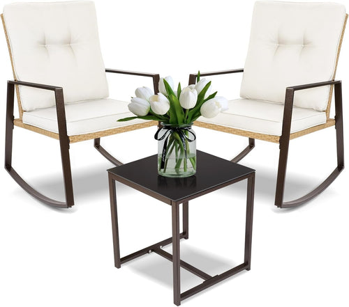 Rocking Rattan Bistro Set 3 Piece Patio Chairs Cushions Glass Table