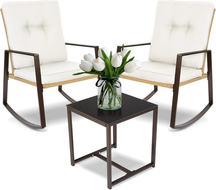 Rocking Rattan Bistro Set 3 Piece Patio Chairs Cushions Glass Table