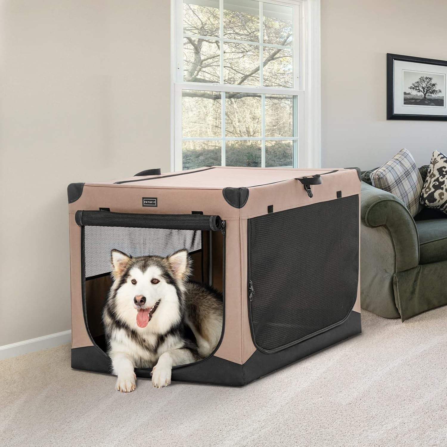 Soft-Sided Dog Crate – Portable Pet Carrier for Travel, Camping & Home (Khaki)