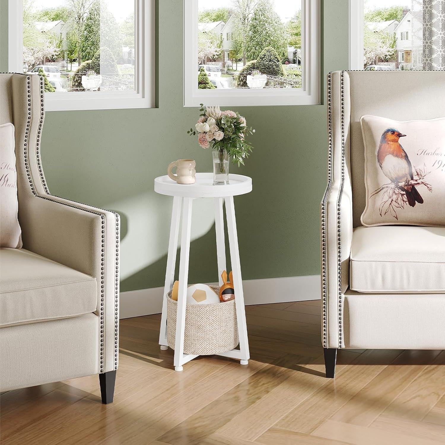 White 2-Tier Round Side Table 30x30x60 cm | Sofa & Bedside Table w/ Storage