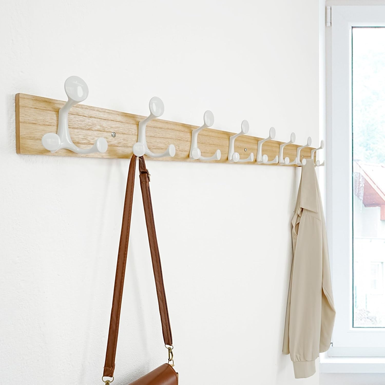 Natural Wood Wall Coat Rack 8 Triple Hooks | 43” Modern Hanging Rail