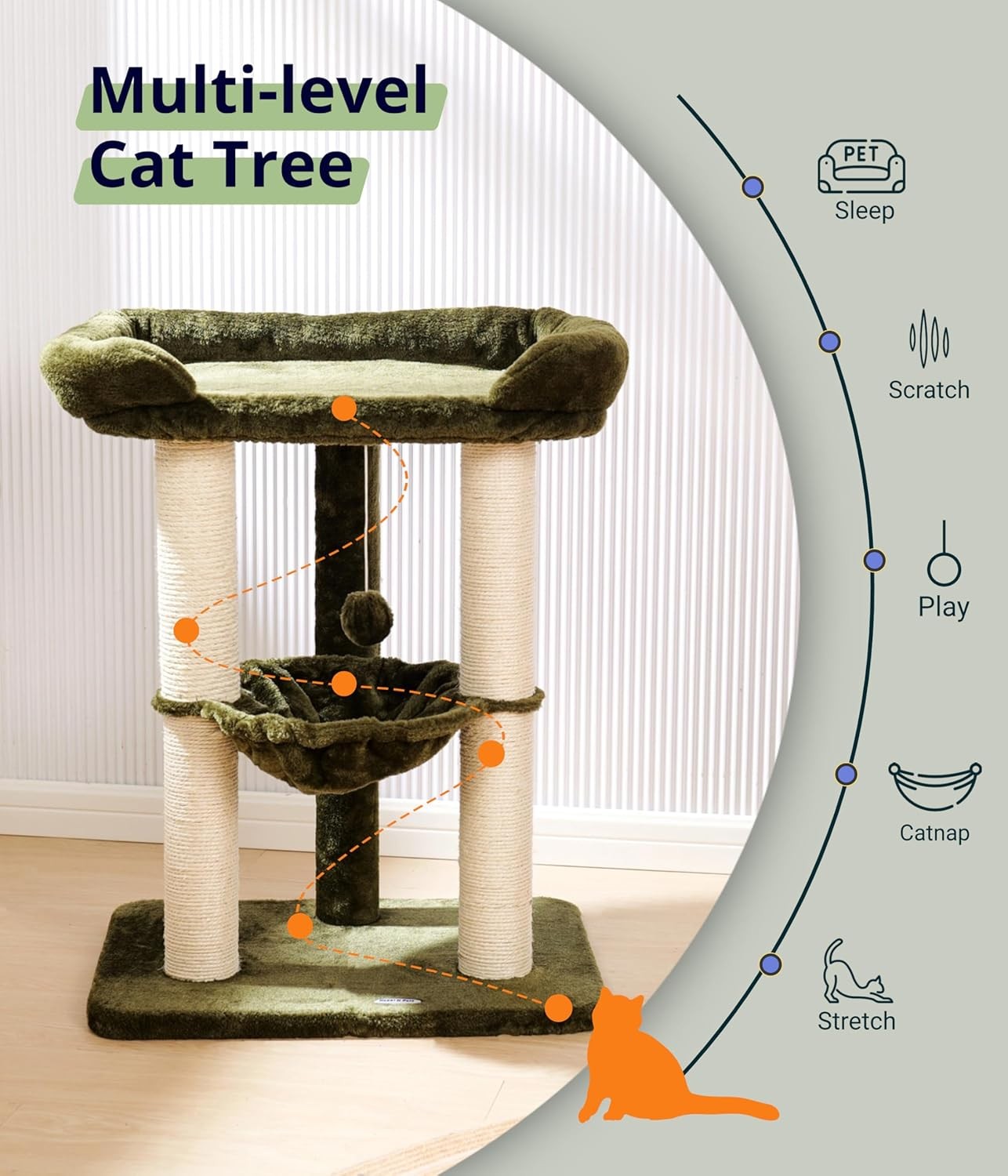 71cm Cat Tree Tower with Large Bed Hammock Sisal Scratching Indoor