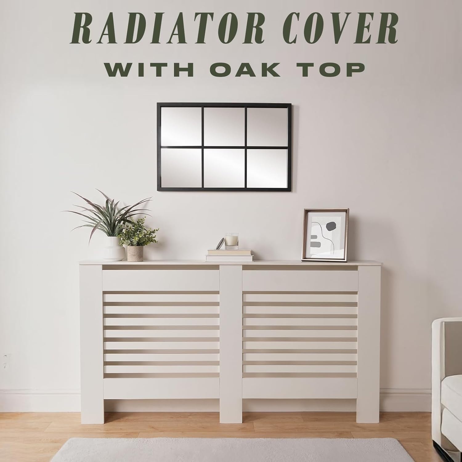 Large White Radiator Cover MDF Slatted Cabinet – Modern Wooden Heater Shelf