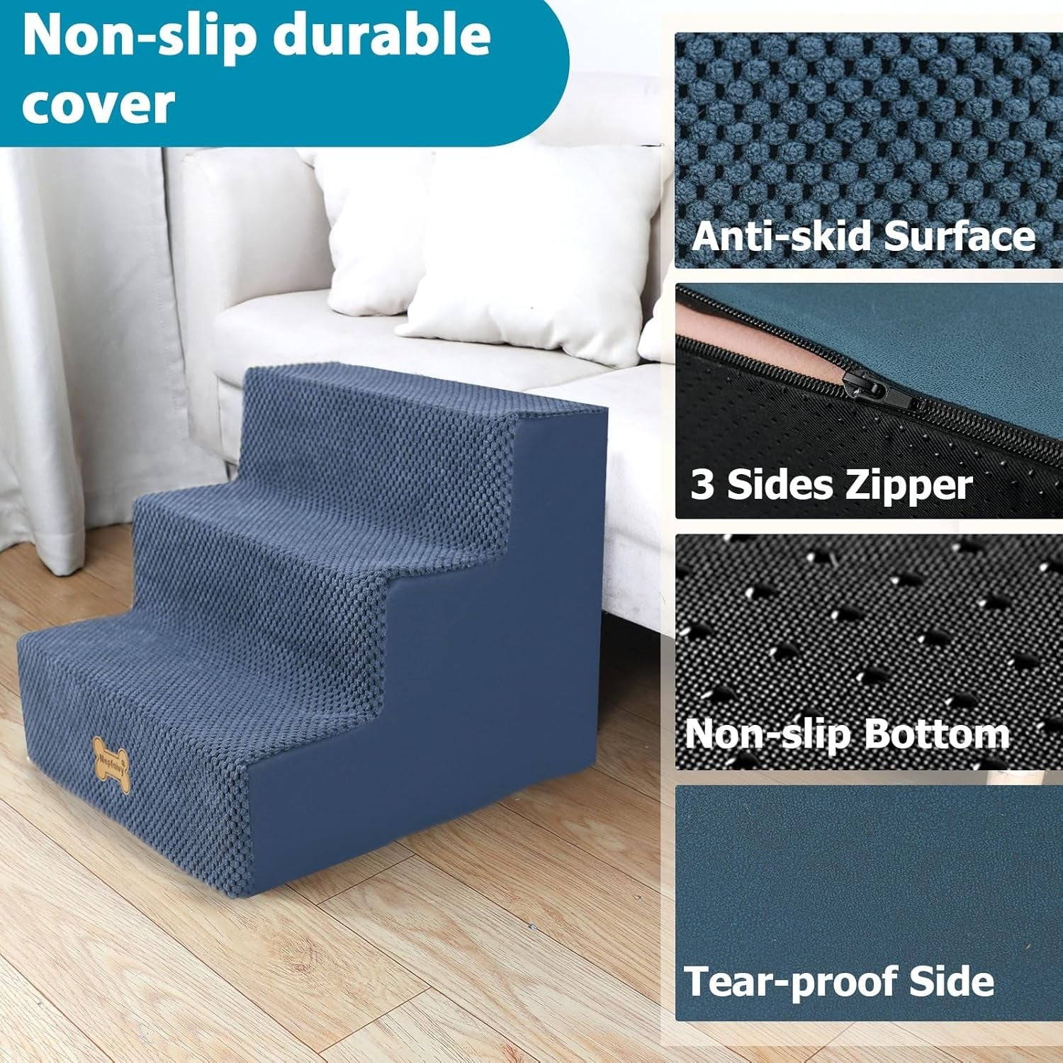 3-Step Dog Stairs Non-Slip Pet Ramp for Small Dogs Cats Blue