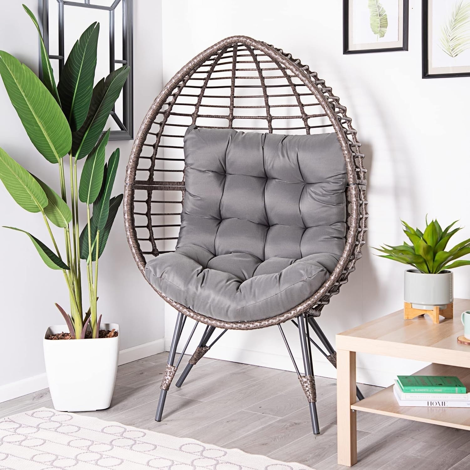 Standing Egg Chair Rattan Pod with Cushion Indoor Outdoor Garden Seat