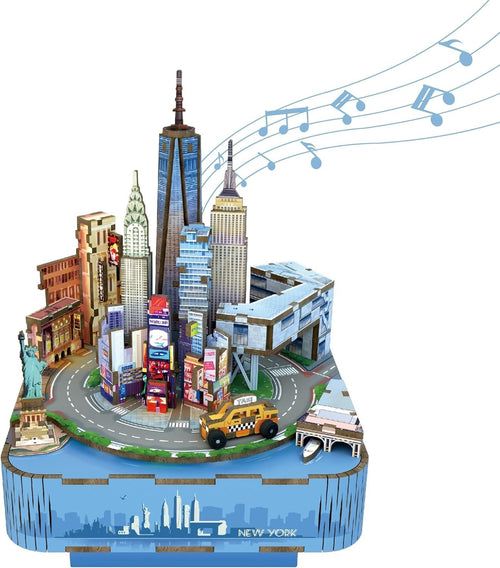 3D Wooden Puzzle Music Box Kit New York | DIY Gift, Rotates, 111 Pcs