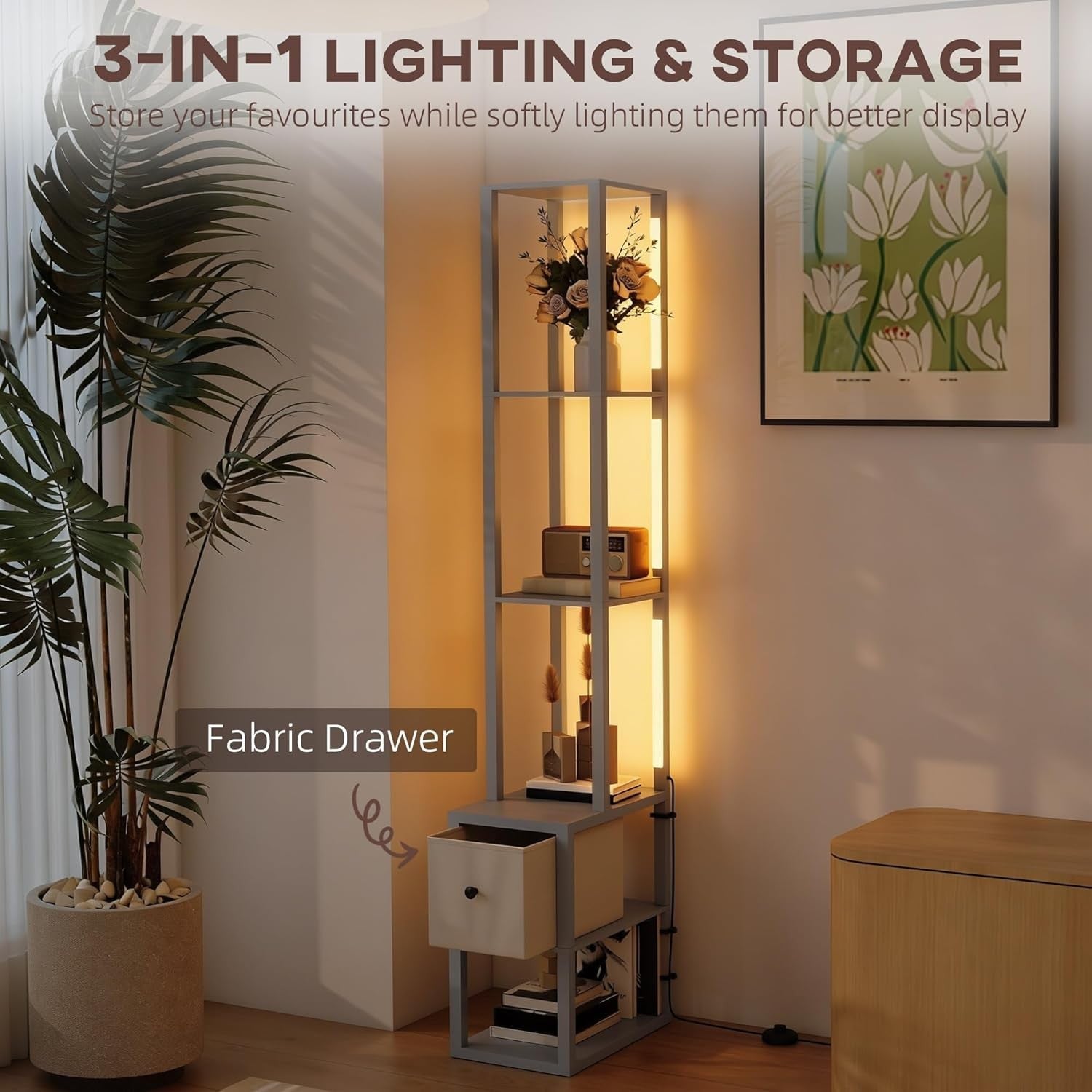 LED Floor Lamp with Shelves Storage Column Standing Lamp Adjustable Light