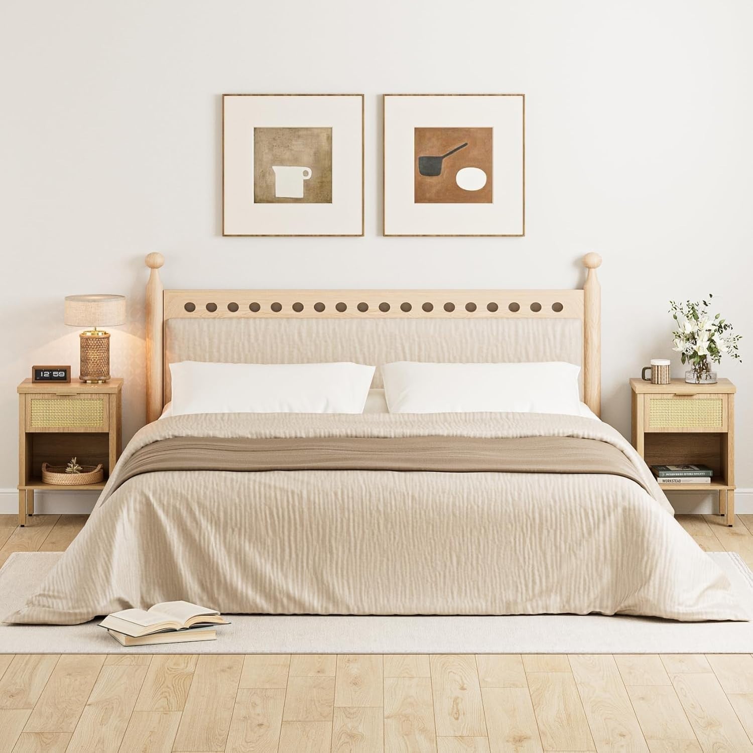 Rattan Wood Bedside Table with Drawer & Shelf – Boho Oak Nightstand