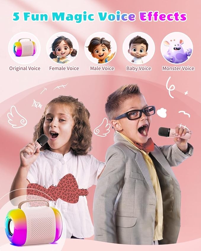 Mini Bluetooth Karaoke Machine for Kids with 1 Mic, LED Lights & Voice Changer