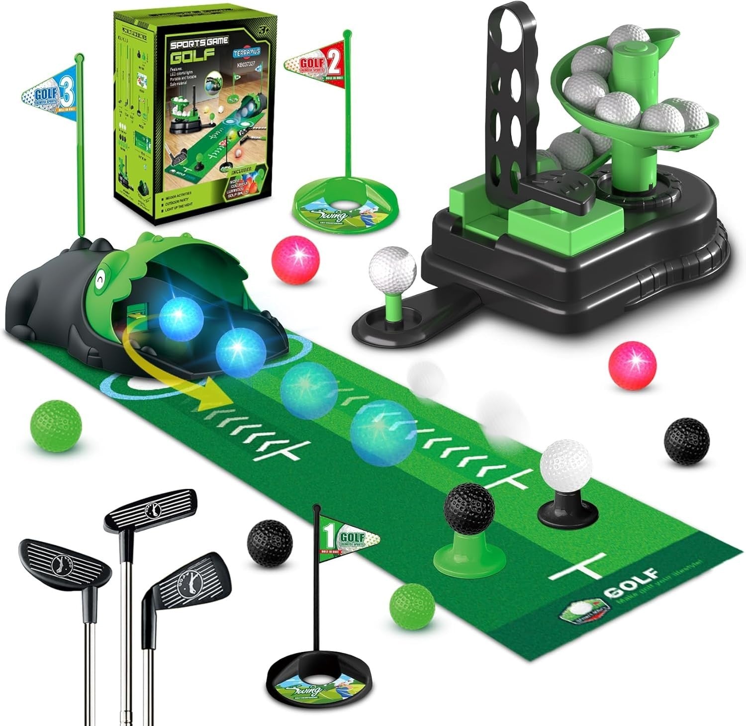 Kids Golf Toy Set 3in1 Indoor Outdoor Practice Game Auto Ball Return