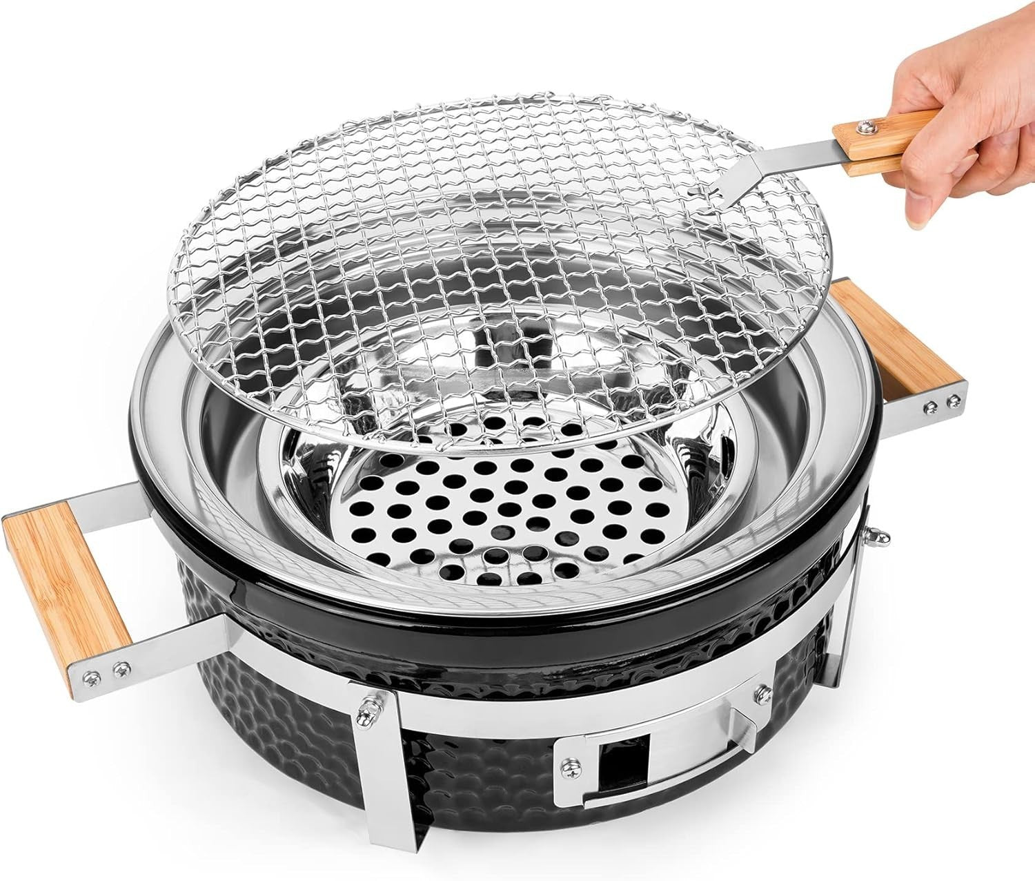 Round Ceramic Charcoal Tabletop BBQ Grill Portable Indoor Outdoor Camping Garden