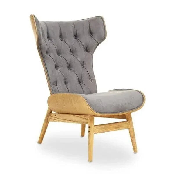 Dark Grey Velvet Wingback Accent Chair Elm Wood Frame Lounge Seat