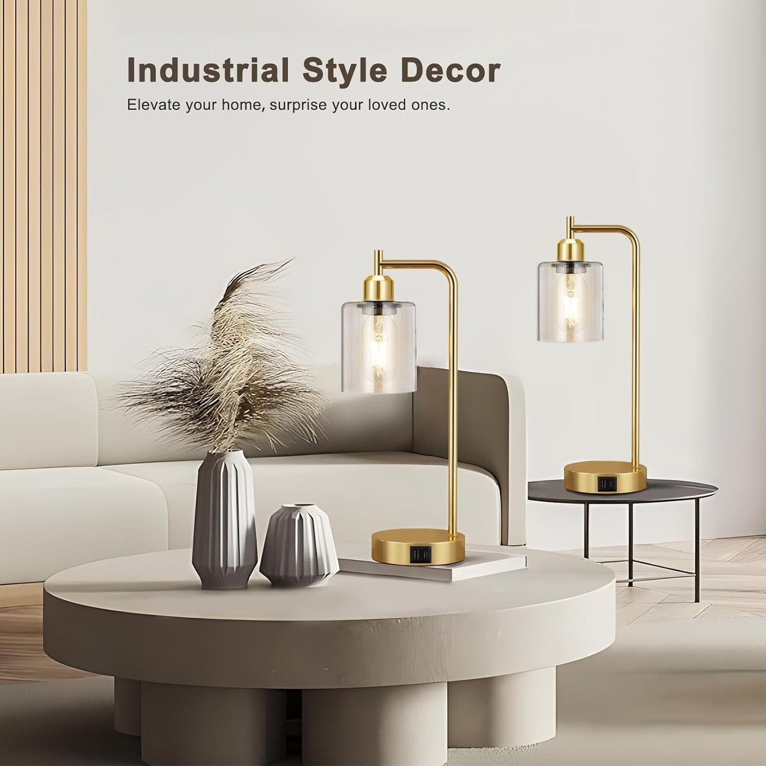 Gold Touch Bedside Lamps Set of 2 USB C+A Dimmable Clear Glass