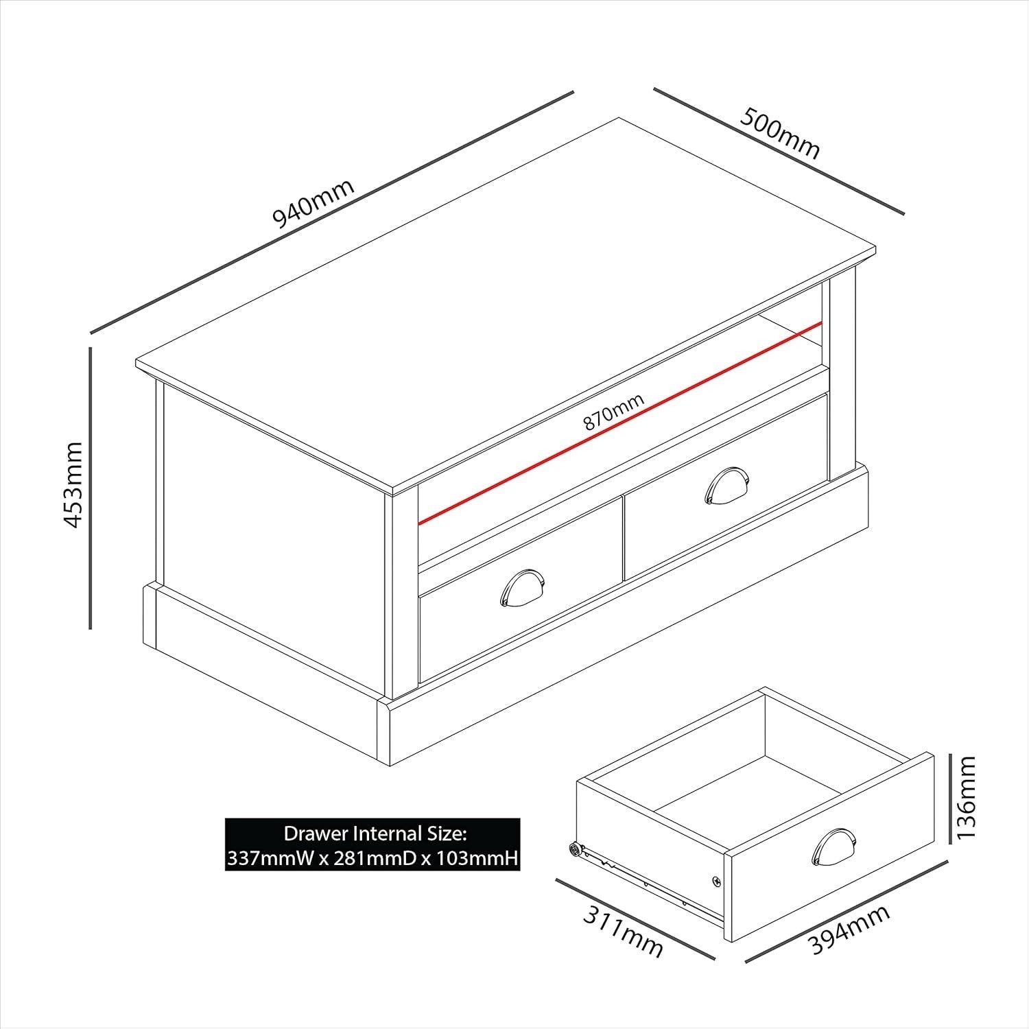 Modern White Coffee Table with 2 Drawers & Shelf – Storage Cabinet 94cm