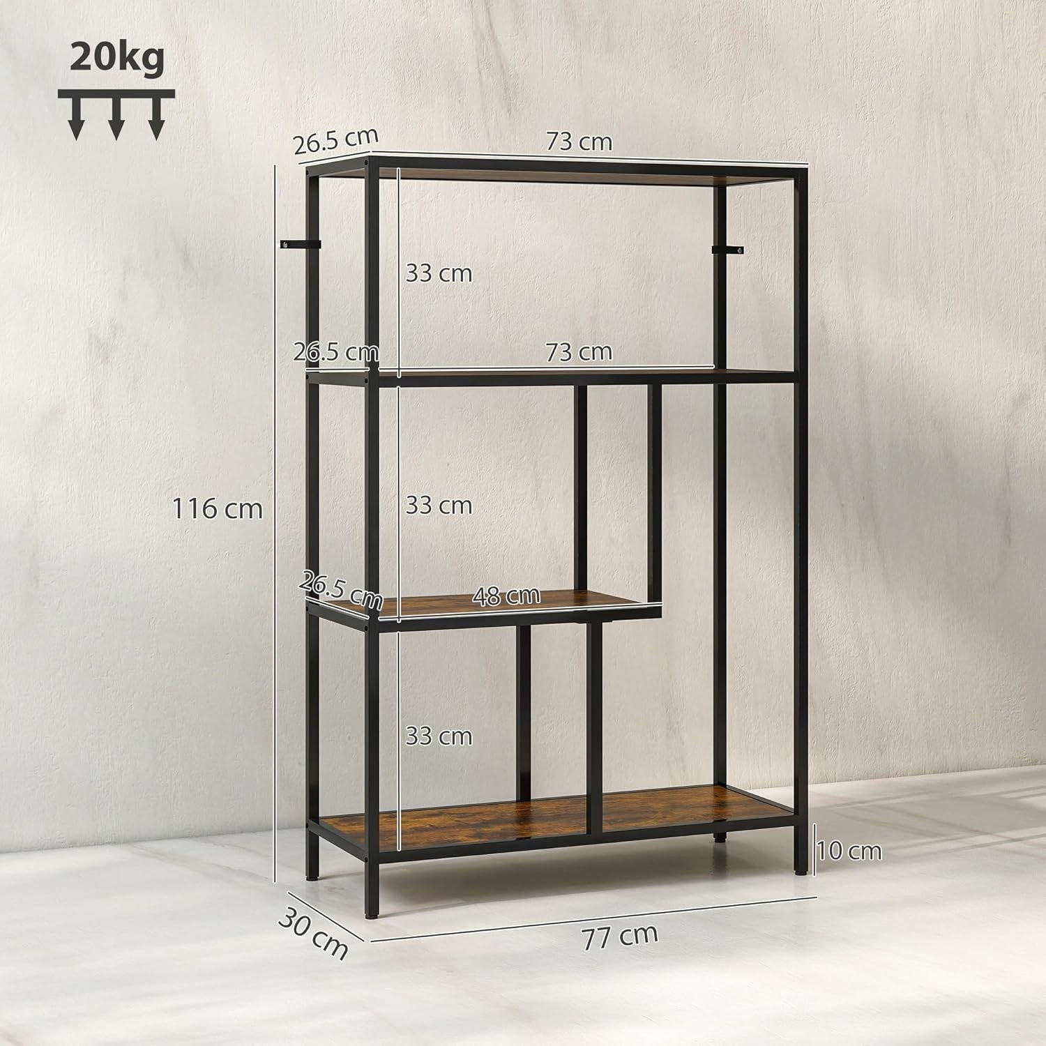4 Tier Industrial Bookcase Rustic Brown Metal Frame Freestanding Shelf 116cm