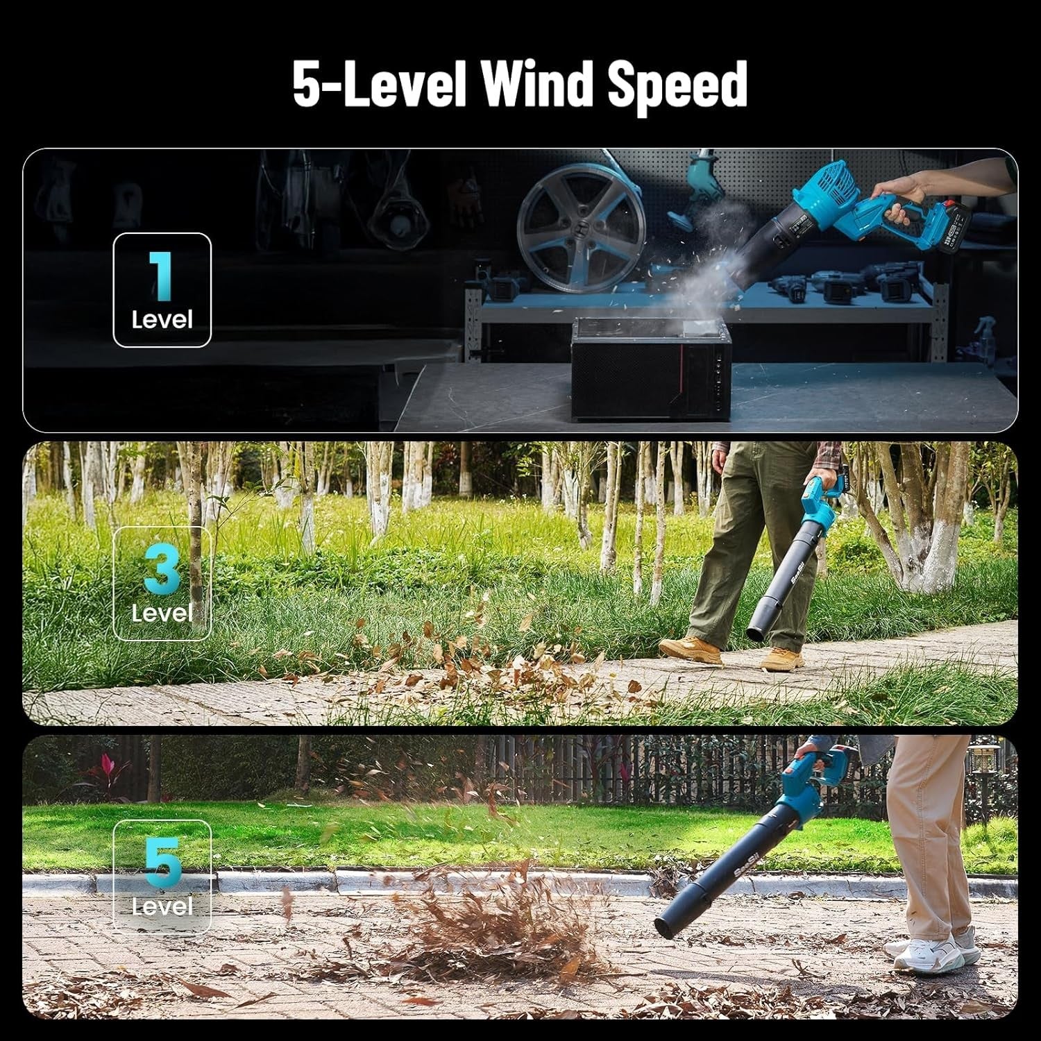 Cordless Leaf Blower 21V Dual Battery 5 Speed Lightweight Electric Garden Tool