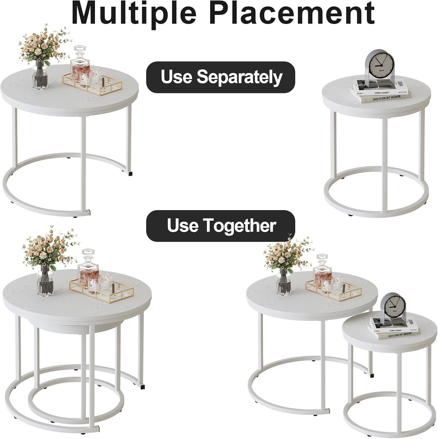 2pcs White Round Nesting Coffee Table Set Wood Metal Frame Living Room Side End