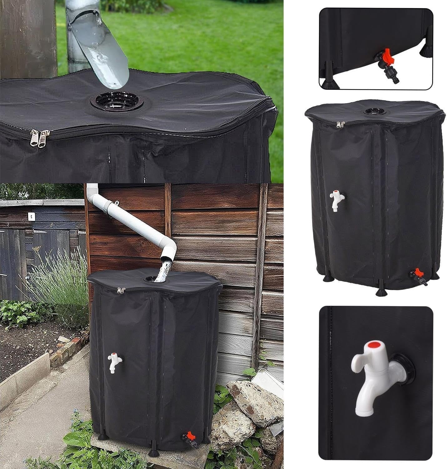 500L Collapsible Water Butt Kit with Tap, Hose Connector & Lid for Garden