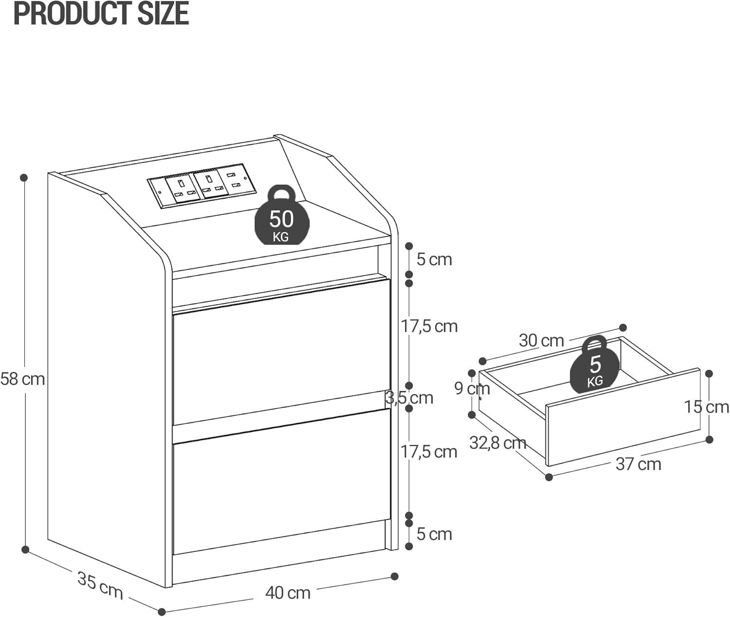 Set of 2 LED Bedside Tables with USB Charging Station Modern White Drawers