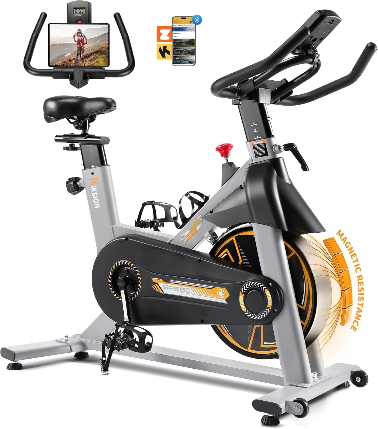 Quiet Magnetic Spin Bike w/ APP, LCD Monitor, Tablet Holder & 300lb Capacity