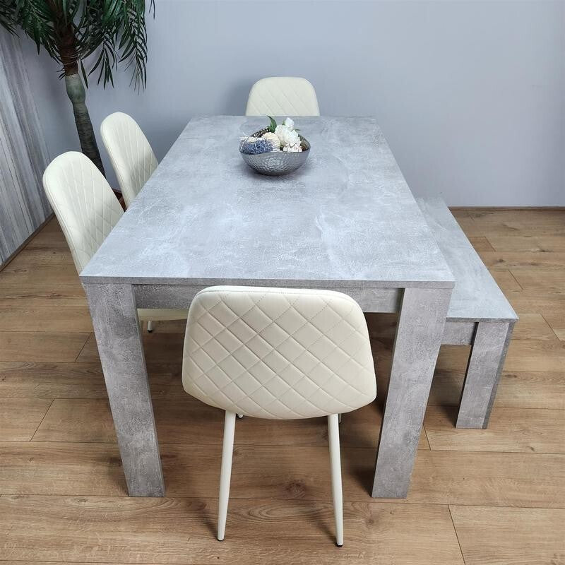 6 Seater Grey Dining Table Set with Cream Leather Chairs & Bench Oak Look