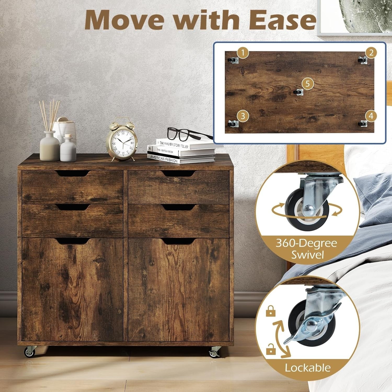 Rustic Mobile File Cabinet 4 Drawer 2 Door Rolling Printer Stand