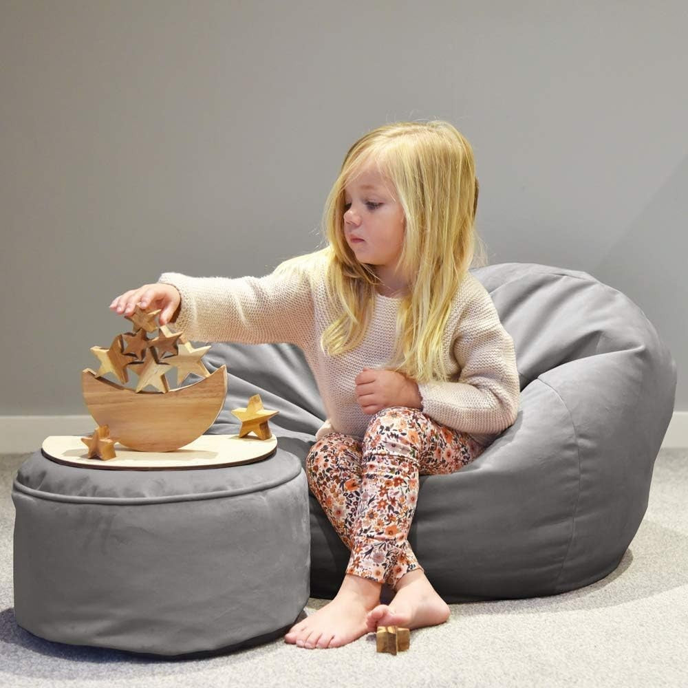Luxury Kids Velvet Bean Bag Chair with Footstool Soft Plush Playroom Seat