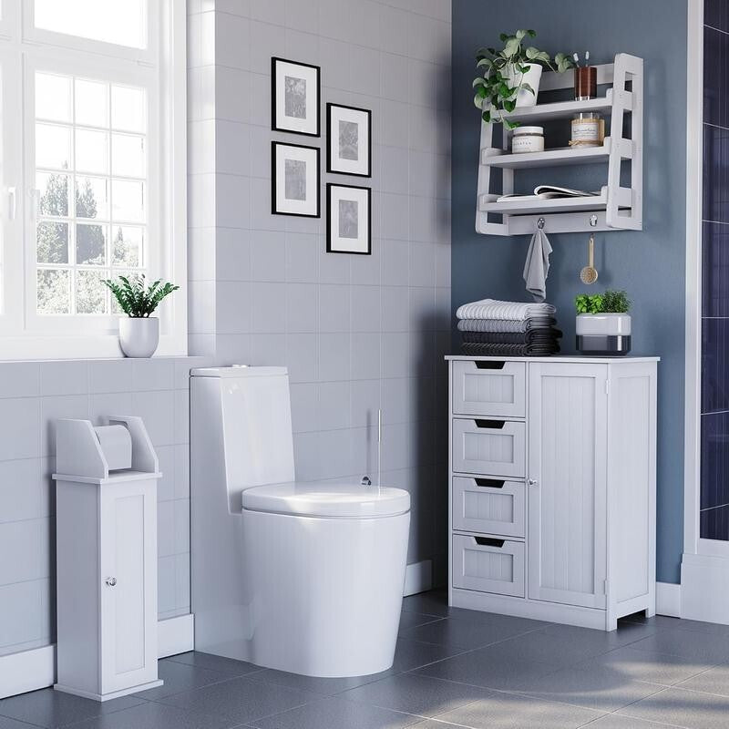 White Bathroom Cabinet 4 Drawer 1 Door Cupboard – Adjustable Shelf Storage