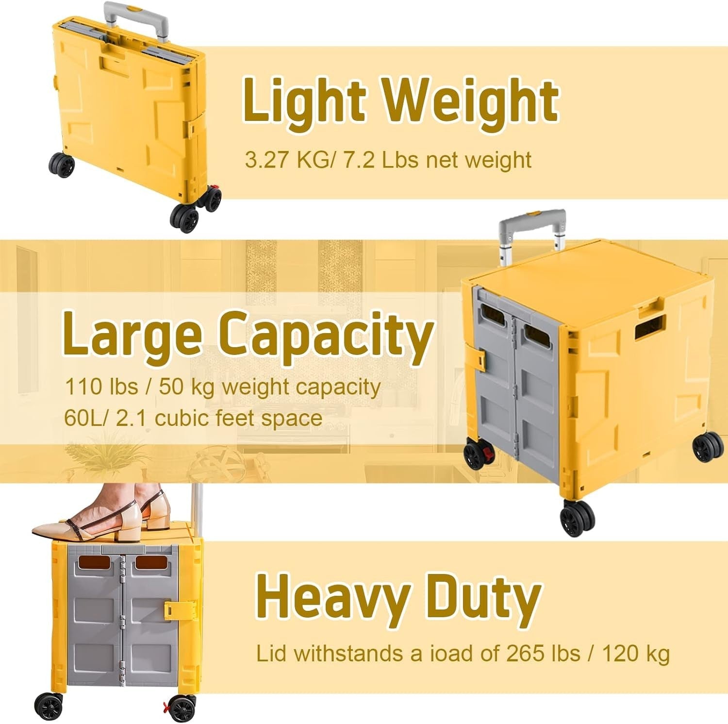 Foldable Grocery Trolley Cart 50Kg Portable Storage Box w/ Lid Yellow