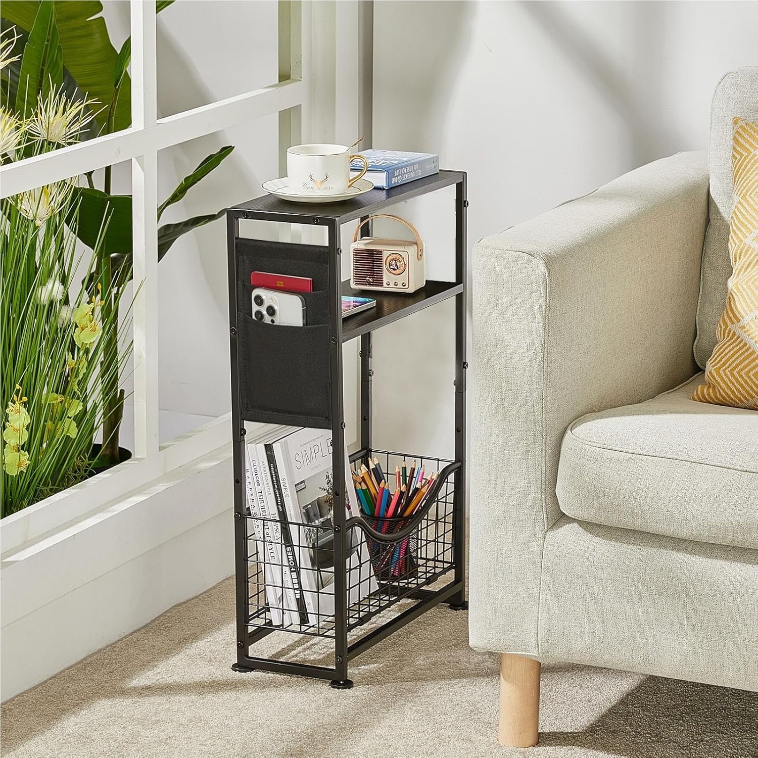 Black 3-Tier Narrow Side Table 30x30x50 cm | Slim End Table w/ Storage