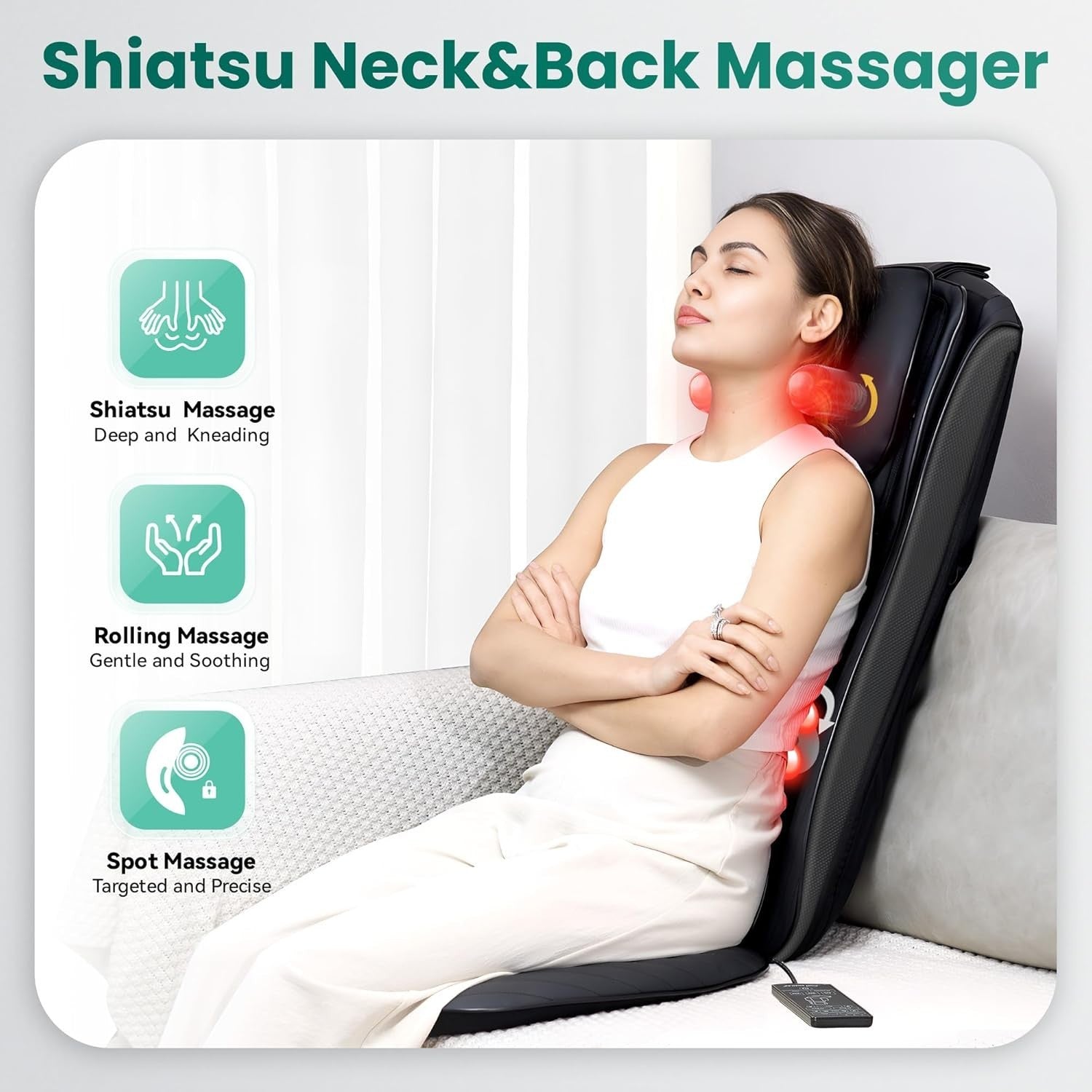 Shiatsu Neck & Back Massager with Heat Deep Kneading Chair Pad Adjustable