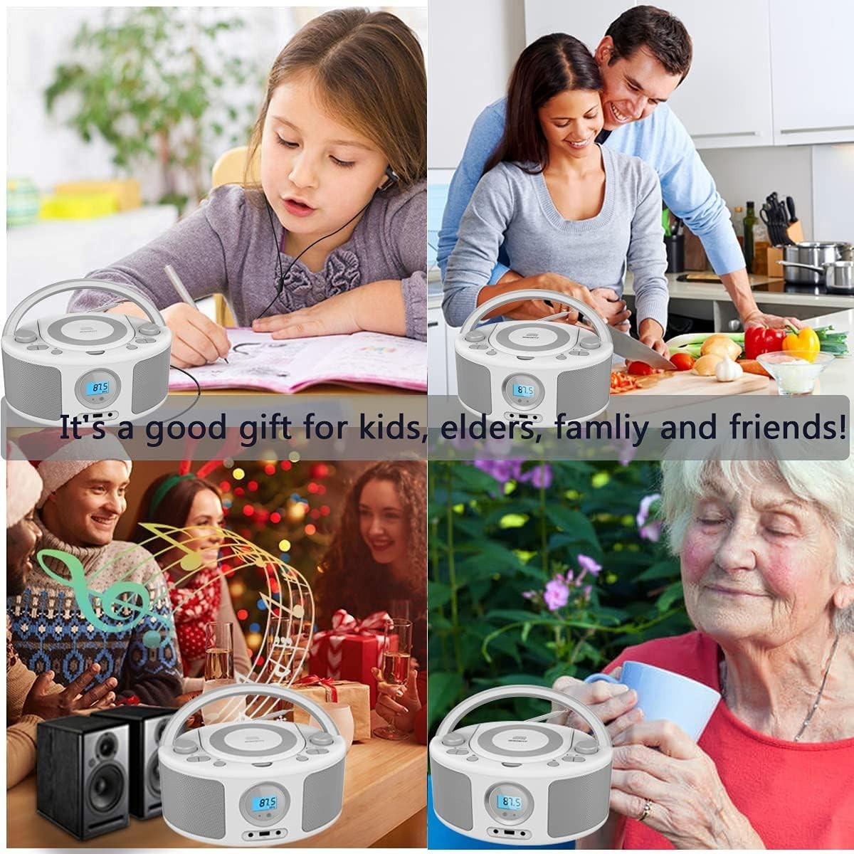 Portable Bluetooth CD Boombox FM Radio USB AUX Stereo Player Gray