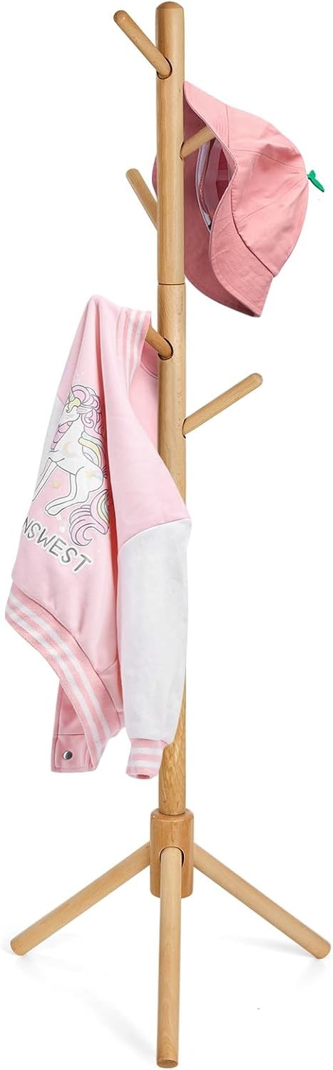 Kids Adjustable Wooden Coat Stand | 9 Hook Beech Wood Freestanding Rack