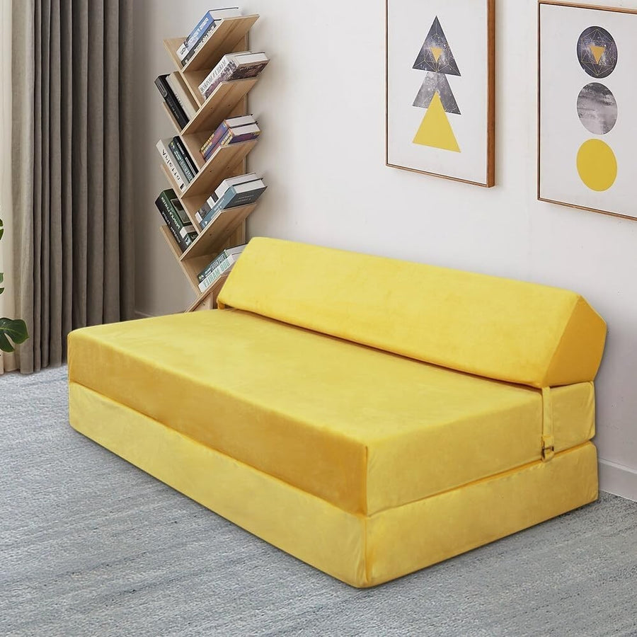 Fold Out Sofa Bed Yellow Futon Chair Kids Adults Sleeper Guest Mattress