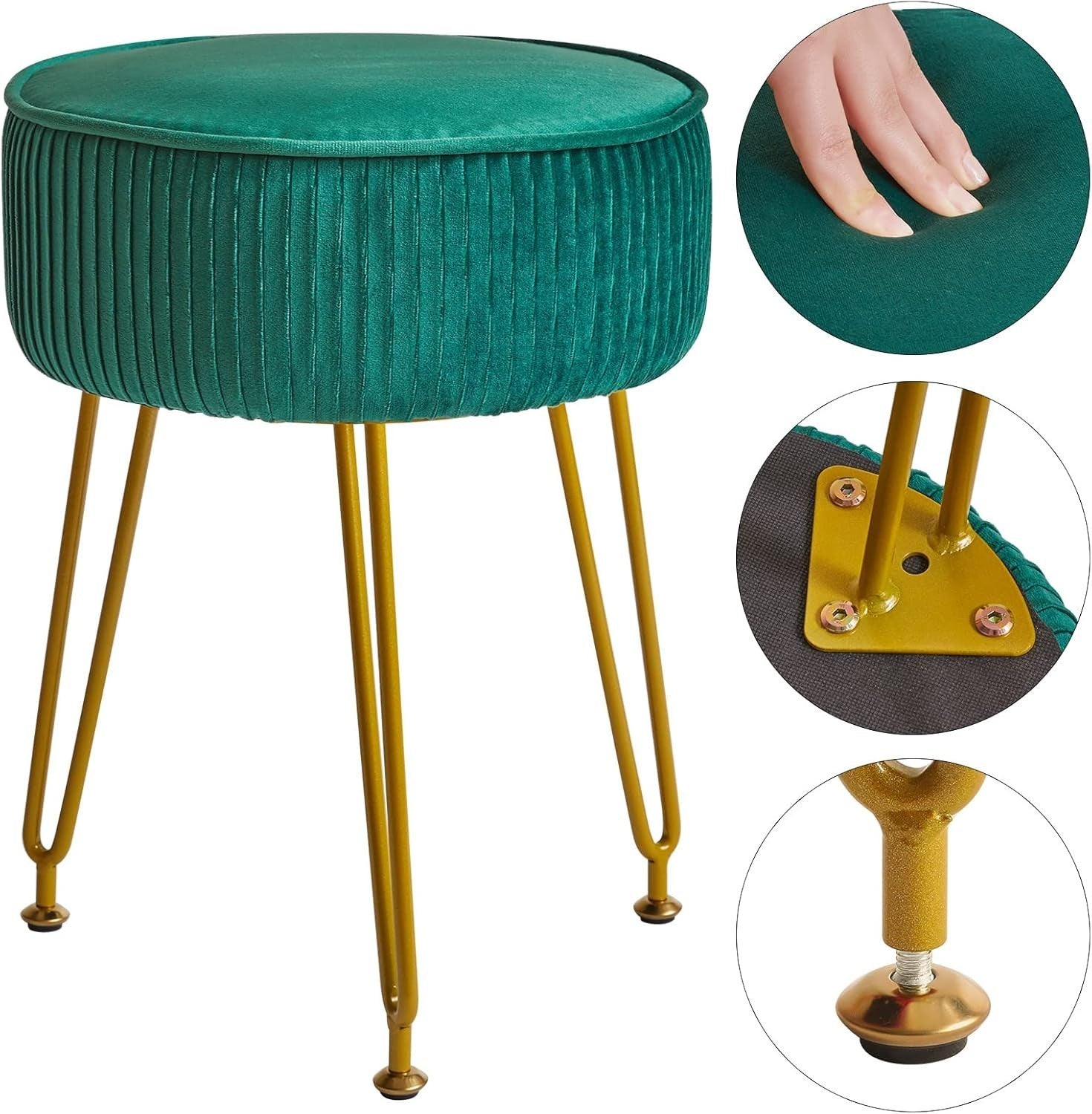 Velvet Round Footrest Stool with Golden Steel Legs – Creamy-White Vanity Seat