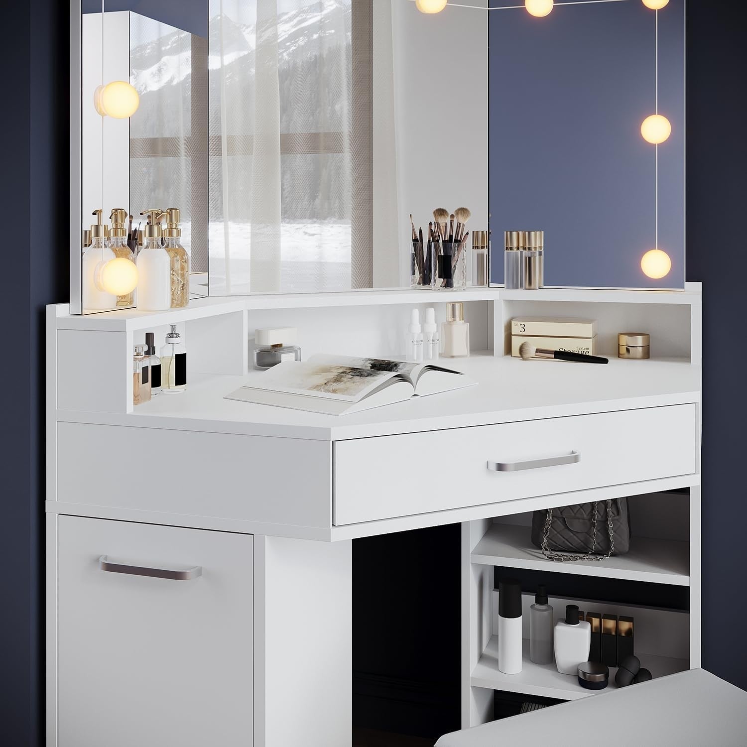 Corner Dressing Table Vanity with LED Lighted Mirror Stool Drawers Storage White