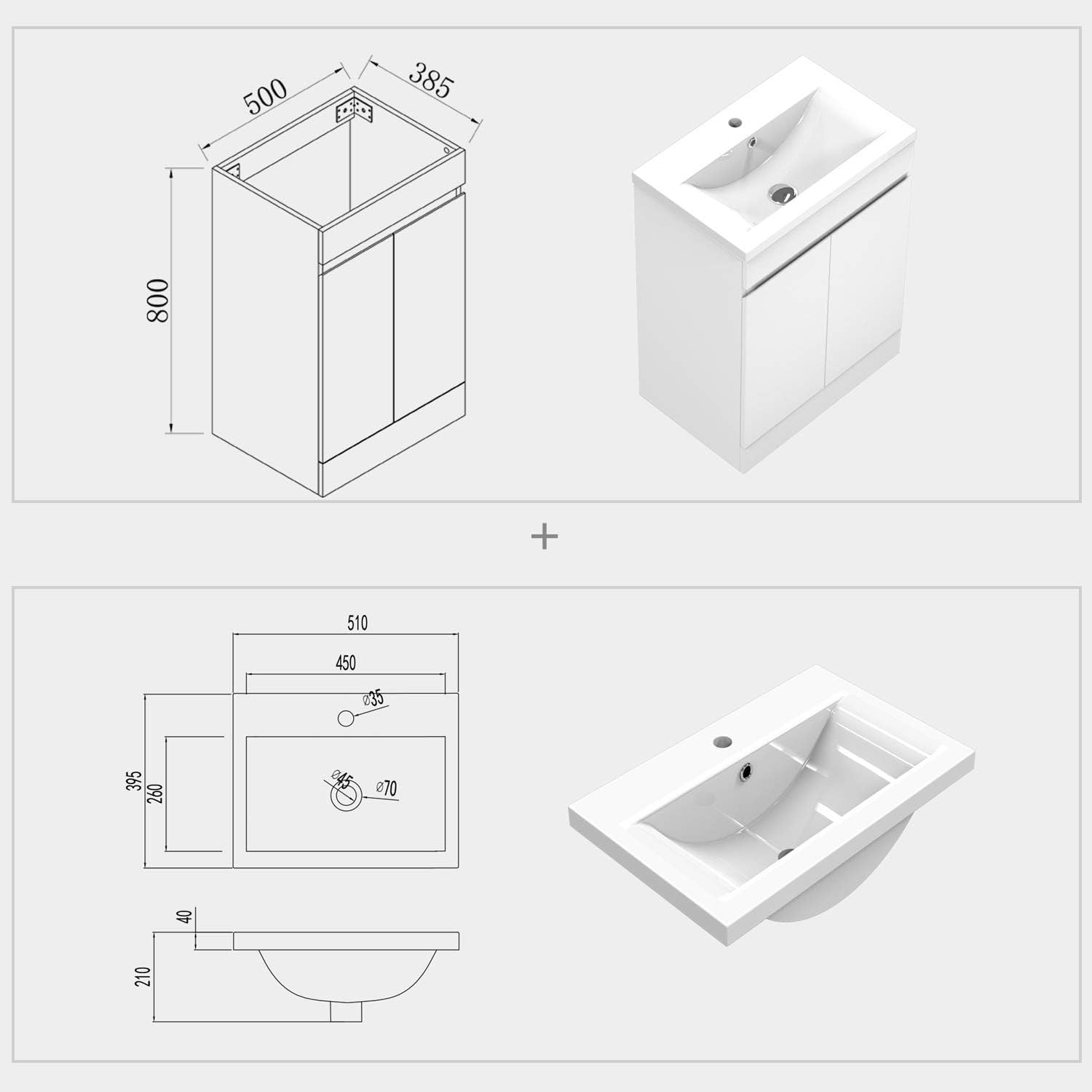 500mm White Gloss Floor Standing Vanity Unit with Basin 2 Door Sink Cabinet
