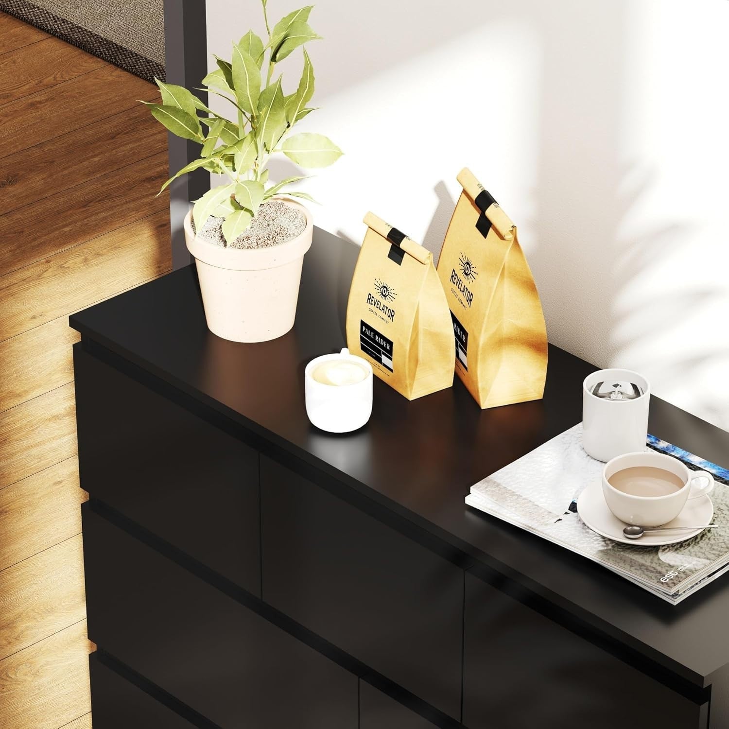 Black 7 Drawer Chest Wide Modern Storage Unit No Handle 106cm Bedroom