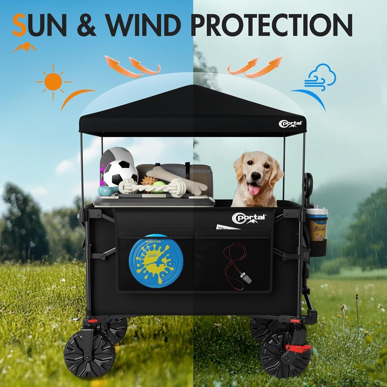 Black 350L Folding Beach Trolley XXL Wagon w/ Canopy Tailgate & Brakes