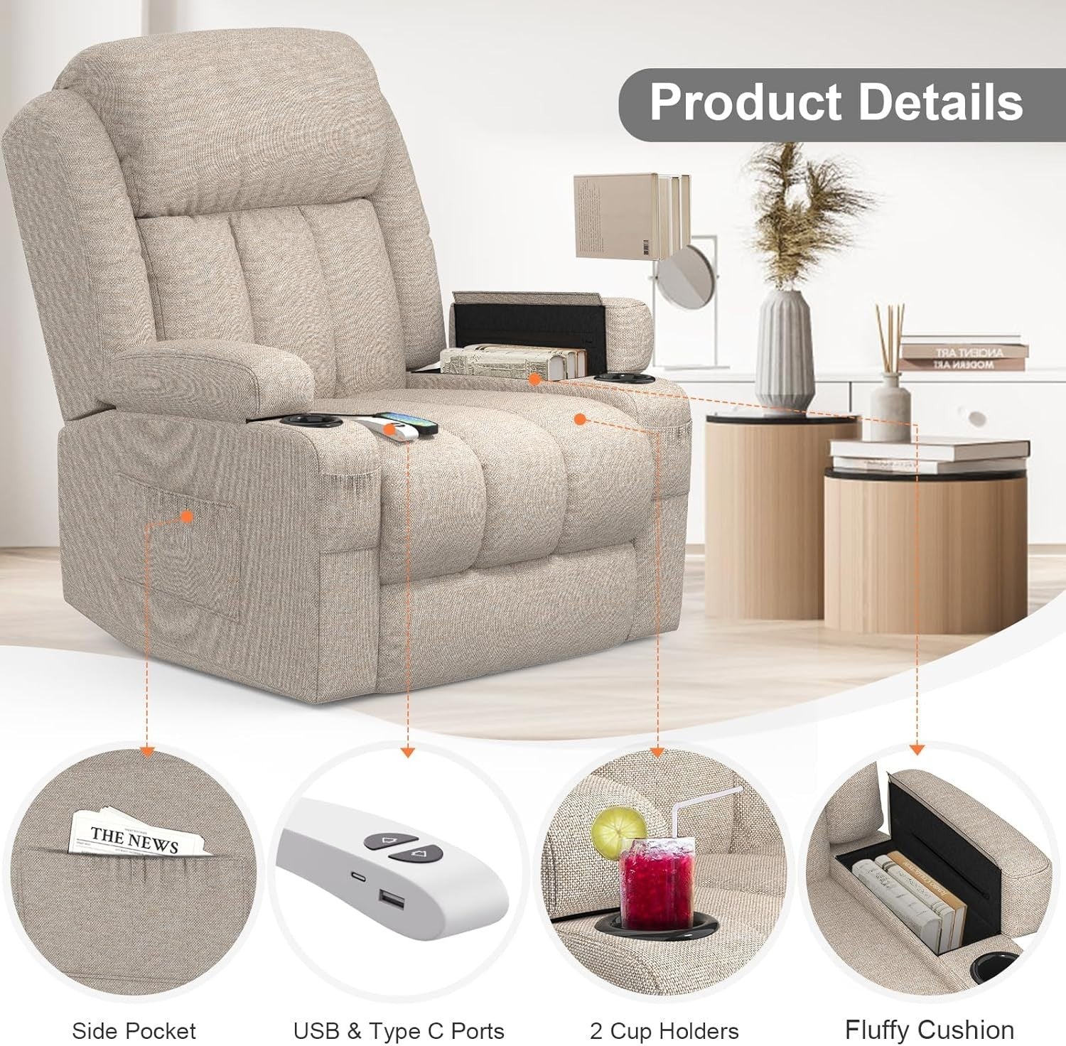 Power Lift Recliner Chair Massage Heat w/ Footrest USB Ports Cup Holders Cream