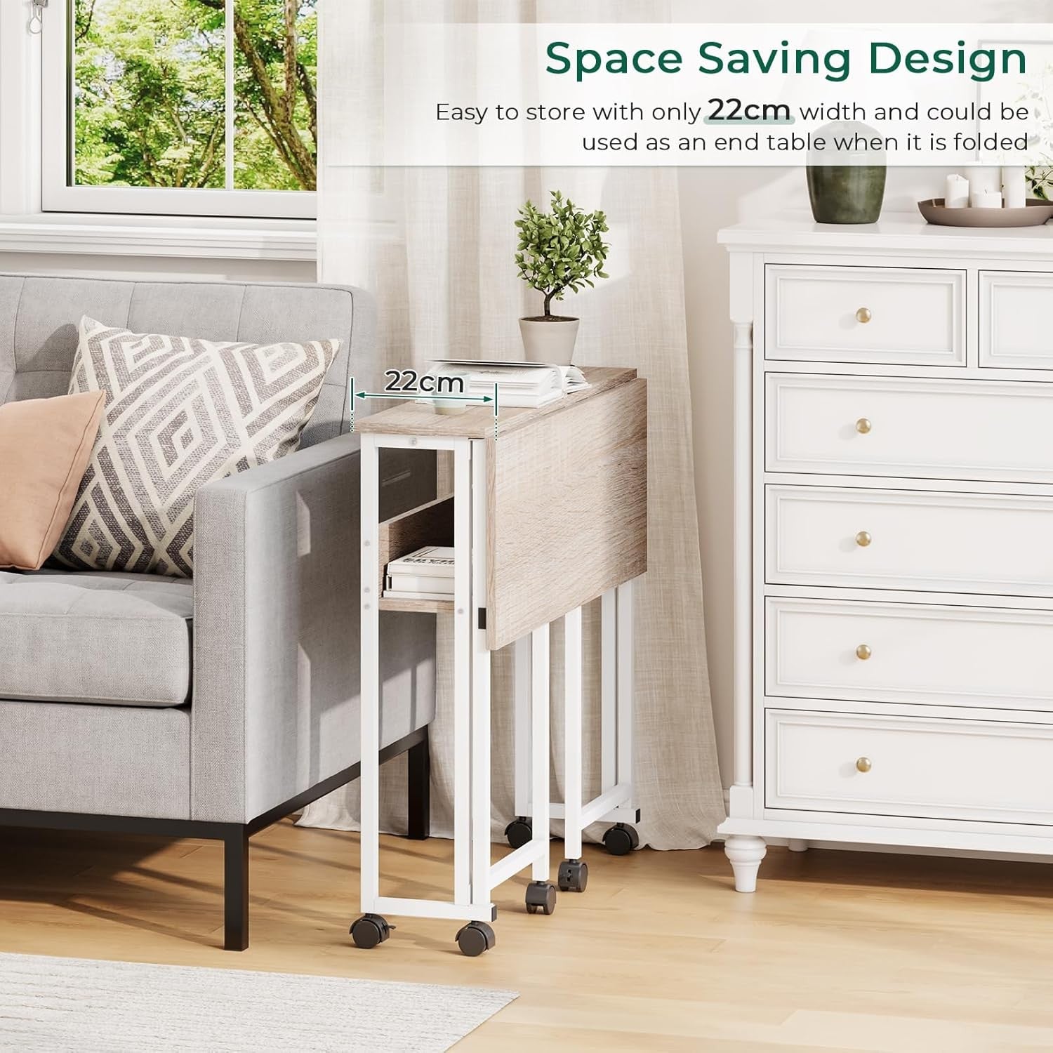 Folding Computer Desk Rolling Laptop Table with Storage Shelf Wheels Oak