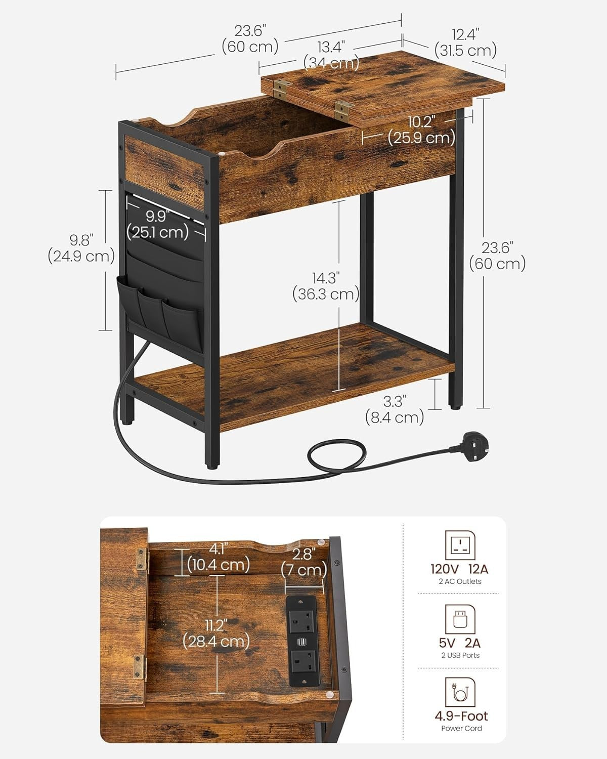 Slim Side Table with Charging Station, USB Ports & Storage, Rustic Brown