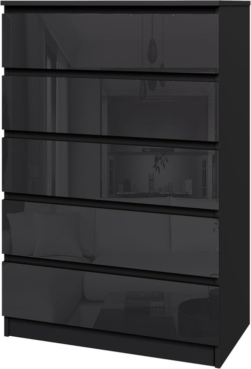 High-Gloss 5-Drawer Chest Organizer - Sleek Handleless Storage for Bedroom