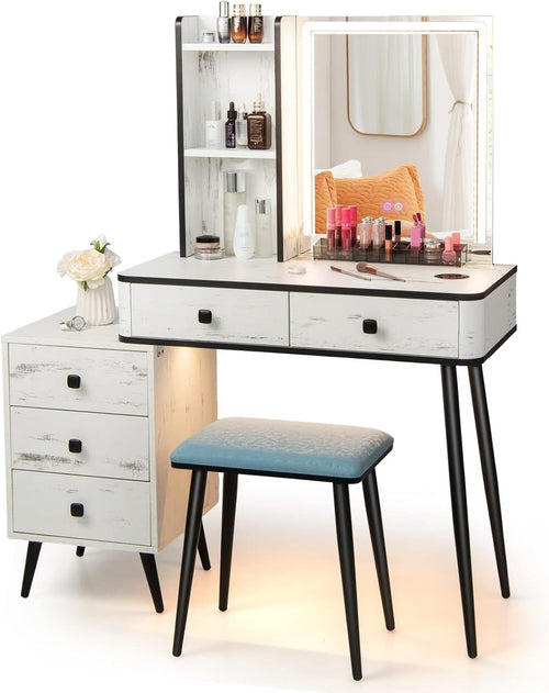 Vanity Makeup Dressing Table Set w/ LED Light Mirror Stool Charging Station