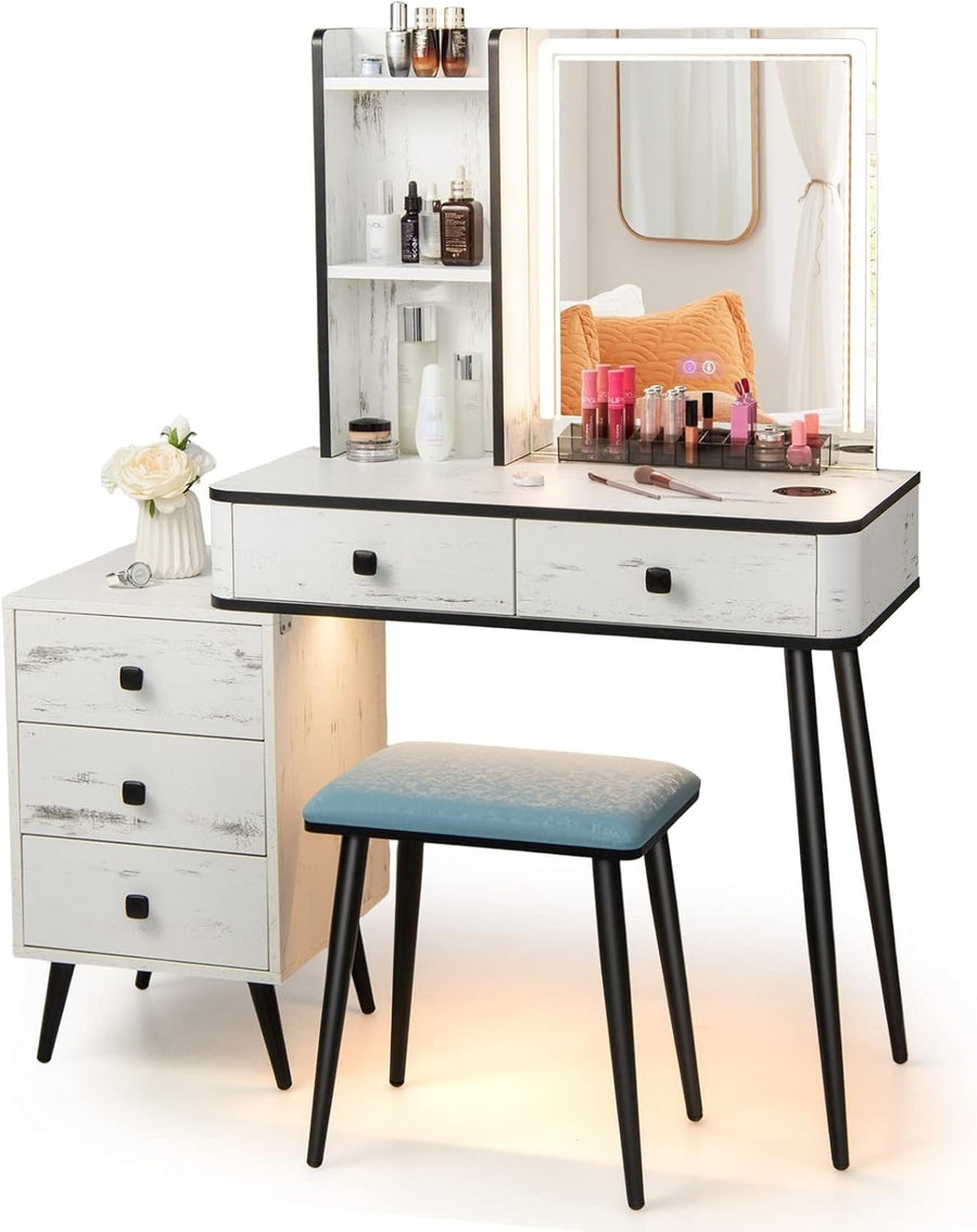 Vanity Makeup Dressing Table Set w/ LED Light Mirror Stool Charging Station