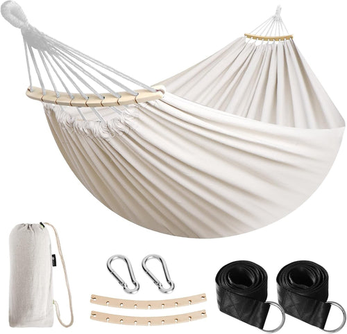 Outdoor Cotton Hammock with Spreader Bars & Tree Straps – Portable - White