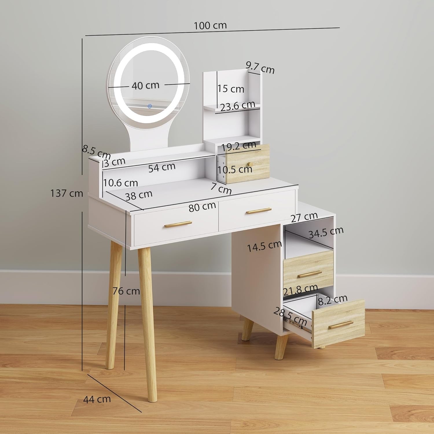Dressing Table Desk Scandi White with LED Mirror 5 Drawers Storage Makeup Vanity