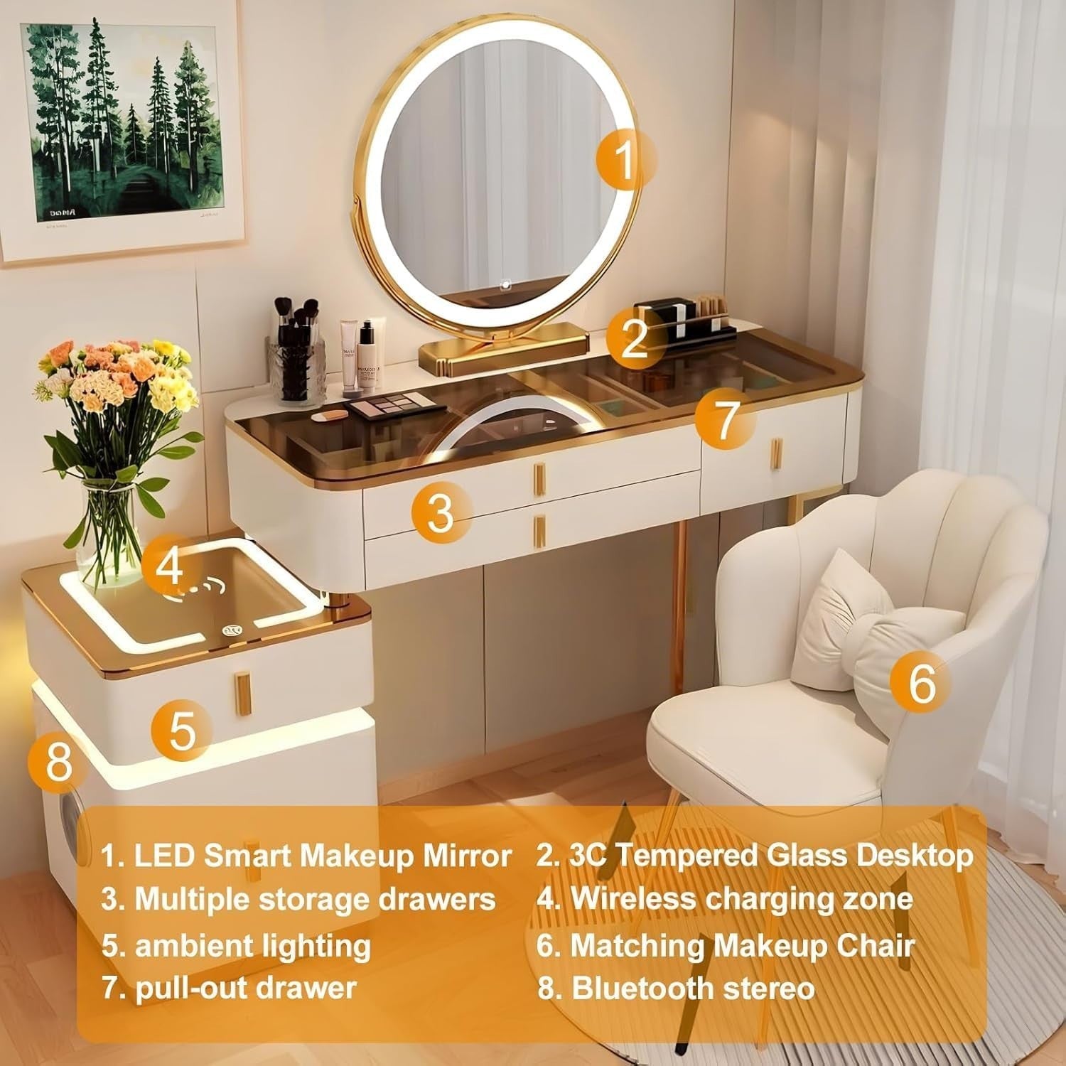 White-Gold Vanity Desk with LED Mirror & Sideboard | Makeup Dressing Table Set